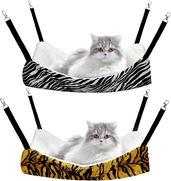 2 Pieces Reversible Cat Hanging Hammock Soft Breathable Pet Cage Hammock with Adjustable Straps and Metal Hooks Double Sided Hanging Bed for Small Dogs Rabbits(Zebra, Tiger Stripes,L)
