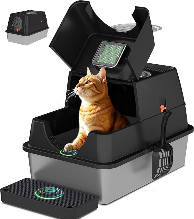 Citylife Stainless Steel Litter Box with Lid XL Large Enclosed Metal Box Anti-Leakagecat Litter Box Stainless Steel Includes Scoop, Odor Control Easy Cleaning, Black