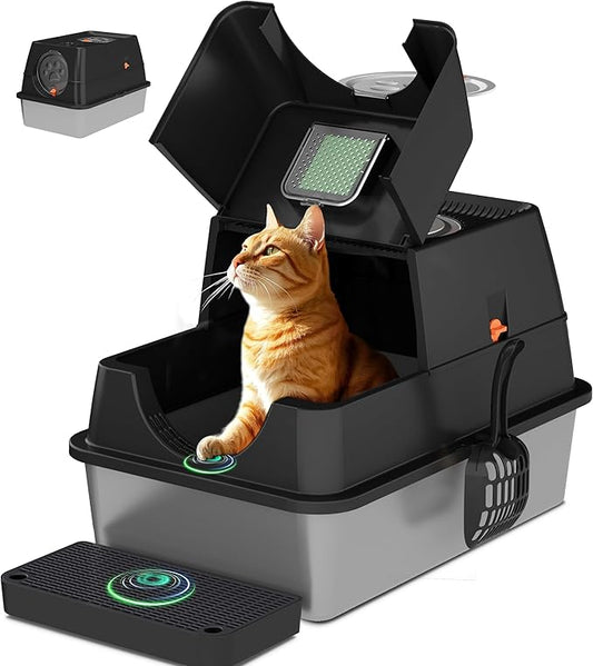 Citylife Stainless Steel Litter Box with Lid XL Large Enclosed Metal Box Anti-Leakagecat Litter Box Stainless Steel Includes Scoop, Odor Control Easy Cleaning, Black