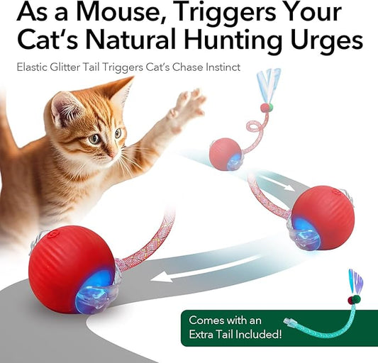 Speedy Tail Ball Toy 3.0 with 3 Play Modes, Bonus Tail, Safe Silicone Surface, Powerful Motor Moving Ball, Interactive Auto Toy for Indoor Bored Kitten & Adult Cats, USB Rechargeable (Red)
