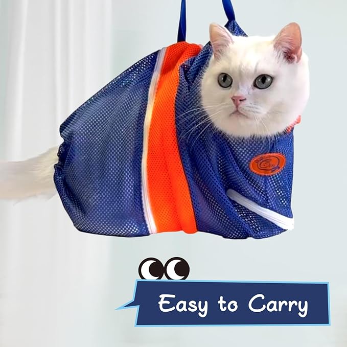 Cinf Cat Bathing Bag, Breathable Mesh Anti Scratch Adjustable Cat Grooming Bag for Nail Trimming, Bathing Soft Cat Washing Bag(Orange Blue) M