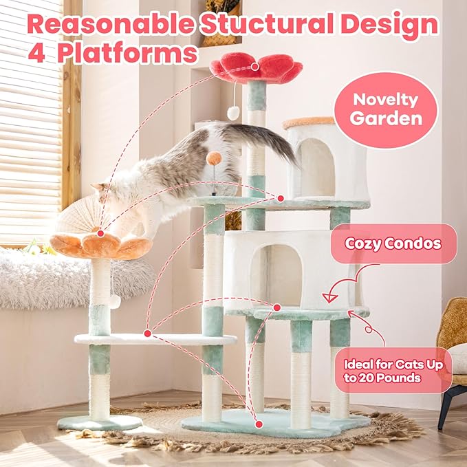 HYABi 56.3in Flower Design Cat Tree, Foldable Multi-Level Tower for Large Cats, Space-Saving Cat Furniture with Scratching Posts, Plush Condo for Indoor Cats