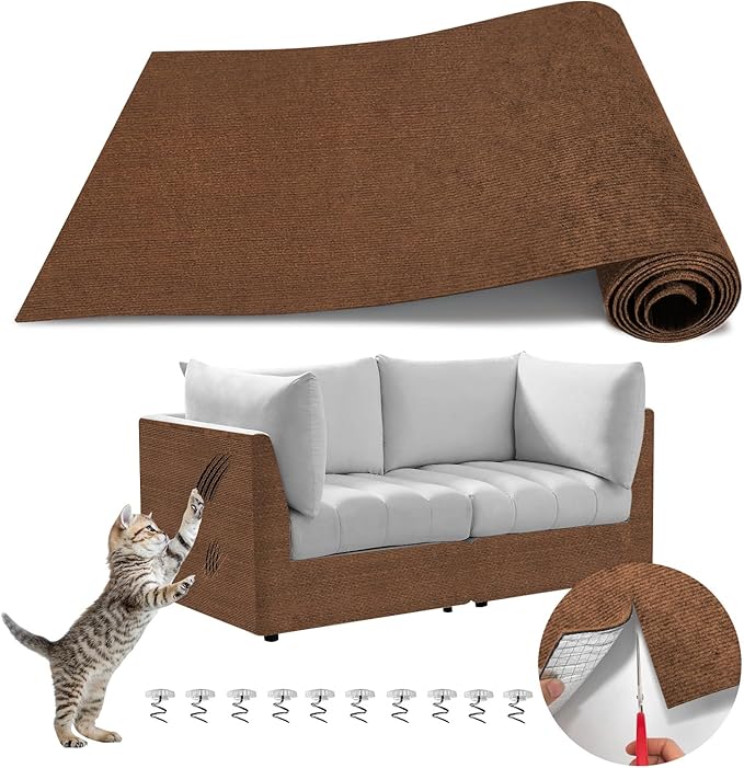 Cat Scratch Couch Furniture Protector, Adhesive Cat Scratch Pad Deterrent for Furniture, DIY Climbing Cat Scratcher Couch Protector from Cat Claws Scratching Mat for Indoor Sofa (Brown,118x15.8In)