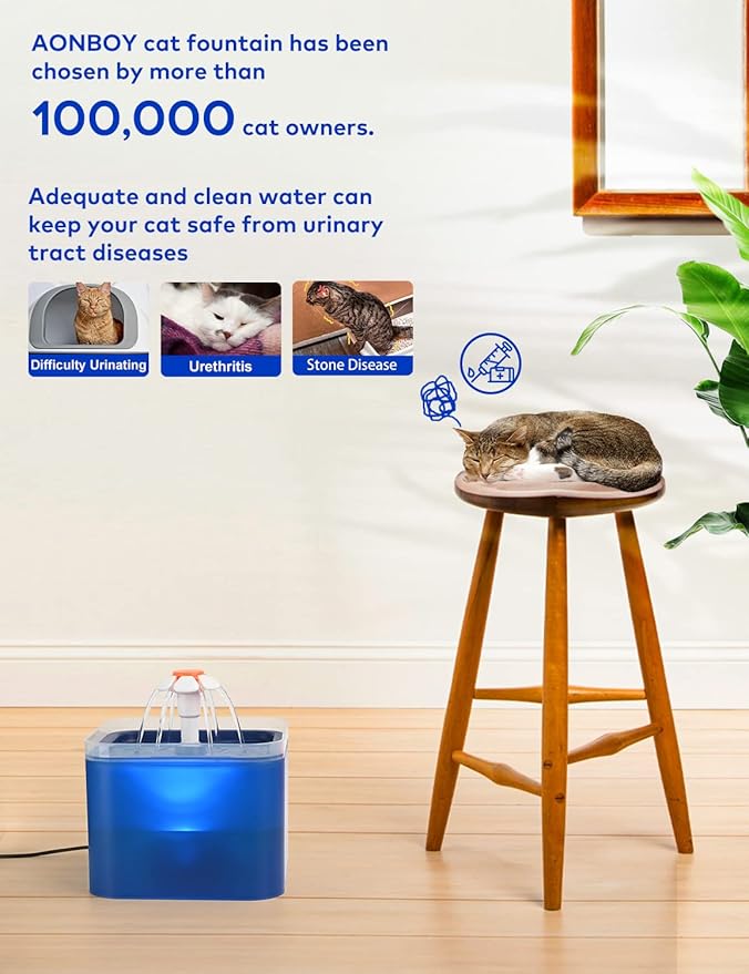 Cat Water Fountain Blue Flower: Cat Fountain Cute - 67oz/2L Small Pet Water Fountain - for Kitten&Kitty& Small Dogs