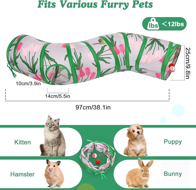 Pawaboo Cat Tunnel, S-Shaped Cat Tube Tunnel 25 * 97cm(9.8''*38.2'') with Balls and Bells, Collapsible Portable Kitten Play Tent Toy Interactive Cats House with Peep Holes for Kitty, Tulip & Bird