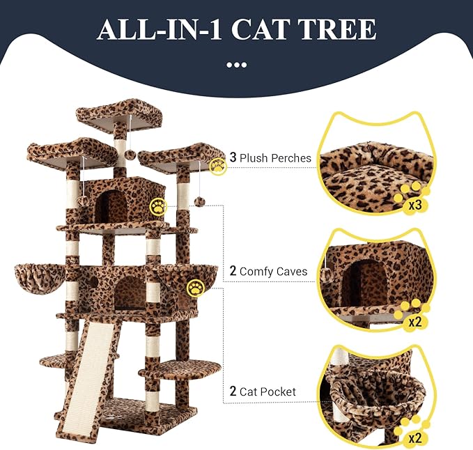 Allewie 68 Inches Cat Tree/House and Towers for Big Feline/Scratching Post/Multi-Level Large Kitty Climbing Tree with Condo/Leopard Print