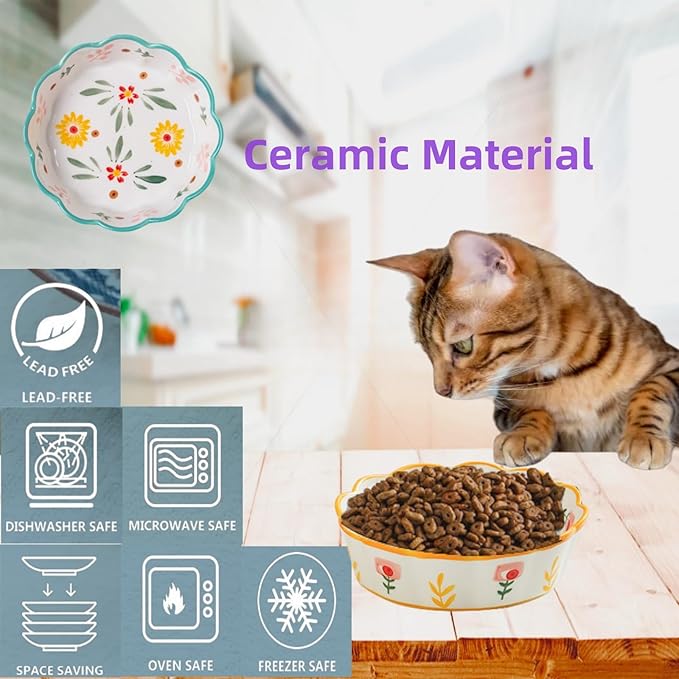 Premium Cat Food Bowl Set of 2, 6" Ceramic Shallow Weighted Bowls with Whisker-Fatigue Design for Indoor Cats, Perfect for Wet Food