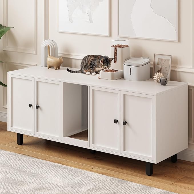 59 Inches Cat Litter Box Enclosure for 2 Cats, Hidden Litter Boxes Furniture with Cat Scratch Pad, Large Indoor Pet House with Double Room, Wooden TV Stand Side Table, Off White
