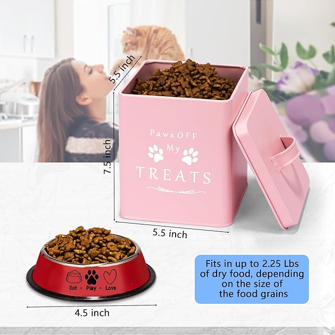 Meraki Home Cat Food Container and Treat Container - Tight Lids - Feed Scoop and Pet Food Bowl - Farmhouse Metal Storage Bin - Great Gift for Small Pets - Matte Pink