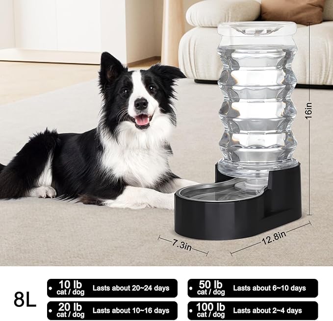 RIZZARI Dog Water Dispenser Bowl: 8L Large Black Stainless Steel Automatic Pet Fountain with Replaceable Filter - Anti-Splash Design for Busy Owners