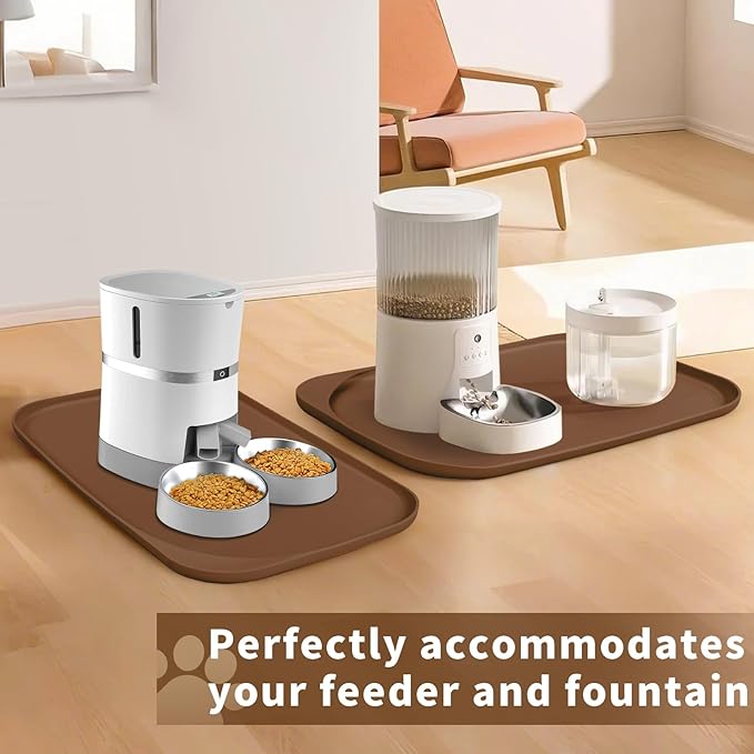 Silicone Pet Feeding Mat with Raised Edge & Residue Collection Pocket for Food and Water, Dog Bowl Mats, Cat Bowls Placemat with High Lip for Floor Waterproof, 22 x 14 x 0.8 Brown