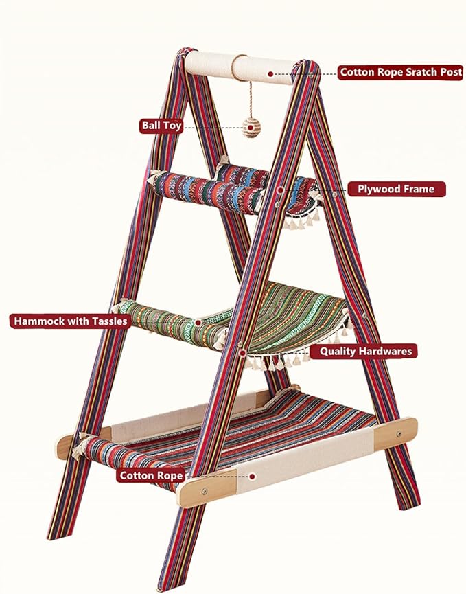 SHENGOCASE 3-Tier Modern Boho Style A Frame Wooden Cat Tree Tower Ladder with Multi-Level Bed Hammock for Large Cat and Sctatching Post, Hanging Toy Ball (Boho)