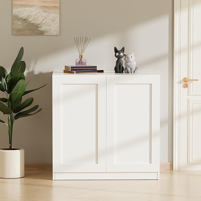 BEWISHOME Tall Litter Box Enclosure, Simple Hidden Litter Box Furniture with Removable Divider, Fit Most of Cat Litter Robot Indoor Pet House as Sideboard Cabinet White CMW12W