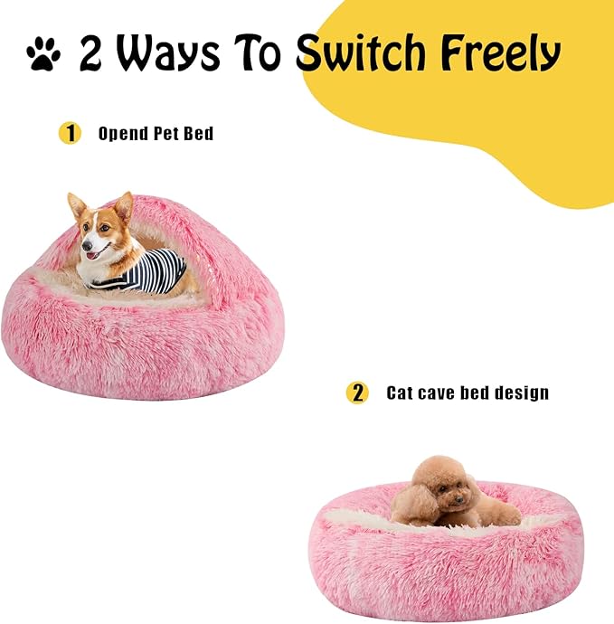 Round Hooded Cat & Dog Bed with Cover Cave, Faux Fur Cuddler - Self Warming Donut Bed Fits up to 12 lbs Pets (Pink, 20" x 20")