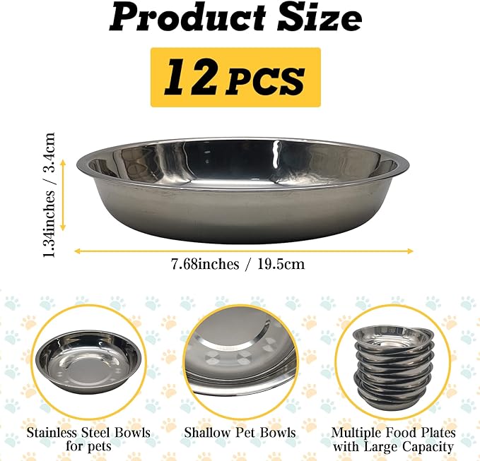 Hamiledyi 12 Pcs Stainless Steel Cat Bowls Replacement Whisker Fatigue Relief Cat Plates Pet Water Dish Shallow Kitten Bowls Pet Bowls for Dogs Cats and Other Small Animals (7.68 Inch Diameter)