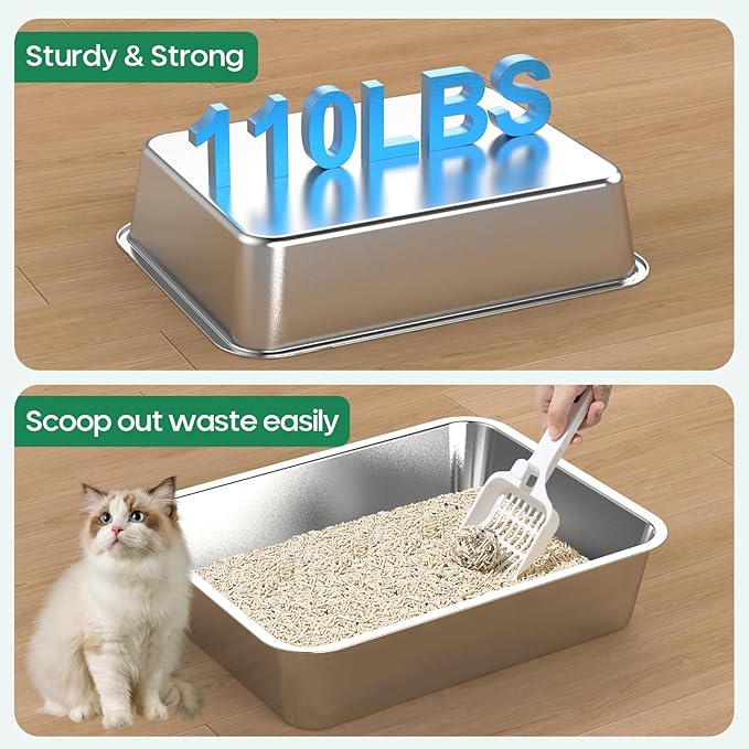 Stainless Steel Cat Litter Box, Metal 6inch High Sided Cat Litter Pan, Indoor Litter Tray, Large Cat Litter Box, Pet Toilet Supplies for Cats, Rabbits, Easy Clean, Non Stick, No Smell (L)