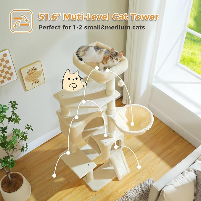 PAWZ Road Cat Tree, 51.6 Inches Cat Tower with Dual Condos, Spacious Perch, Cozy Basket and Sisal-Covered Scratching Posts for Small Cat and Kittens- Beige