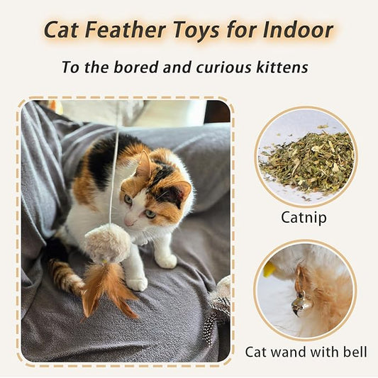 Interactive Cat Wand Toy Set,2 PCS Feather Plush Ball Cat Toys with Catnip & Bell Cats Teaser Sticks for Indoor Play Chase Exercise with Kittens