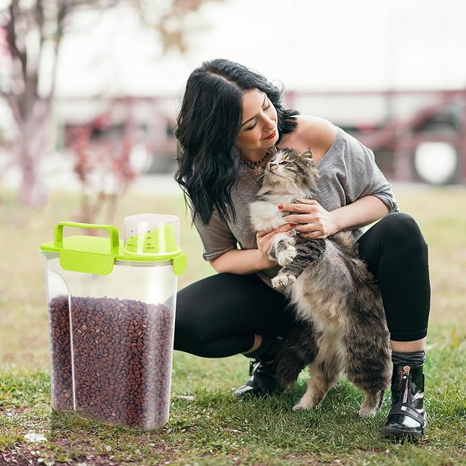 5-7Lbs Cat Dog Storage Container, Portable Pet Food Containers with Upgraded Large Spout and Cup, Small Animal Kibble Dispenser for Bird Seed, Oatmeal, Rice, Flour (1, Bright Green, 5L)