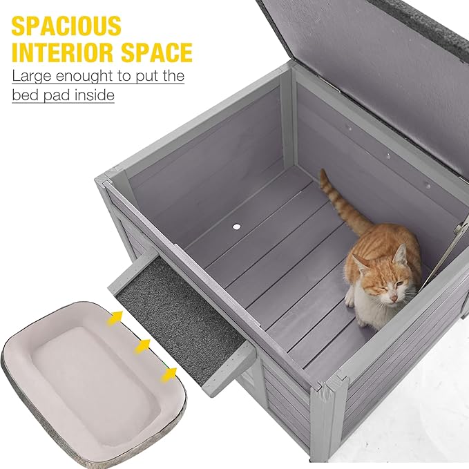 Cat House Outdoor Feral Kitty Houses with Curtain for Cats Insulated, Weatherproof Roof (Single-Deck)