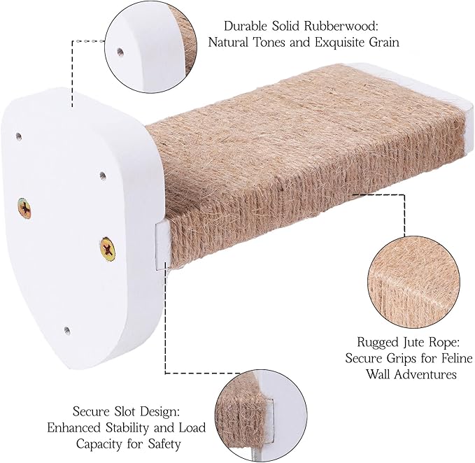 3-in-1 Cat Wall Steps with Hemp Rope, Solid Wood Cat Ladder for Climbing and Playing (Large-White)