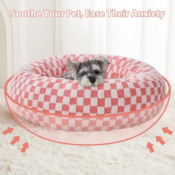 BFPETHOME Donut Dog Bed Medium Size Dogs, Cute Medium Dog Bed for Puppy and Kitten, Round Calming Pet Beds with Non-Slip Bottom, Machine Washable,30inch, Pink