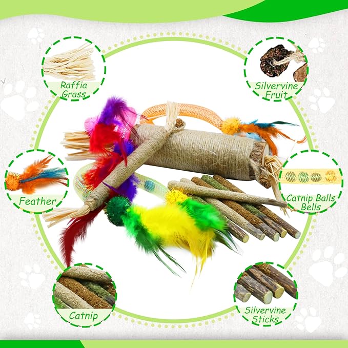 Cat Chew Toys, 11 Pack Kitten Catnip Toys Silvervine Sticks for Indoor Cats Teeth Cleaning, Interactive Treat Stretch Dental Chew Rope with Bell Feather
