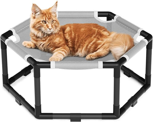Tresbro Elevated Cat Hammock Bed, Hexagon Raised Cat Swing Bed for Indoor and Outdoor Use with Breathable Fabric & Anti-Slip Block, 20.5'' x 18'' x 9.4'' Pet Chair for Large to Small Kitty Cot