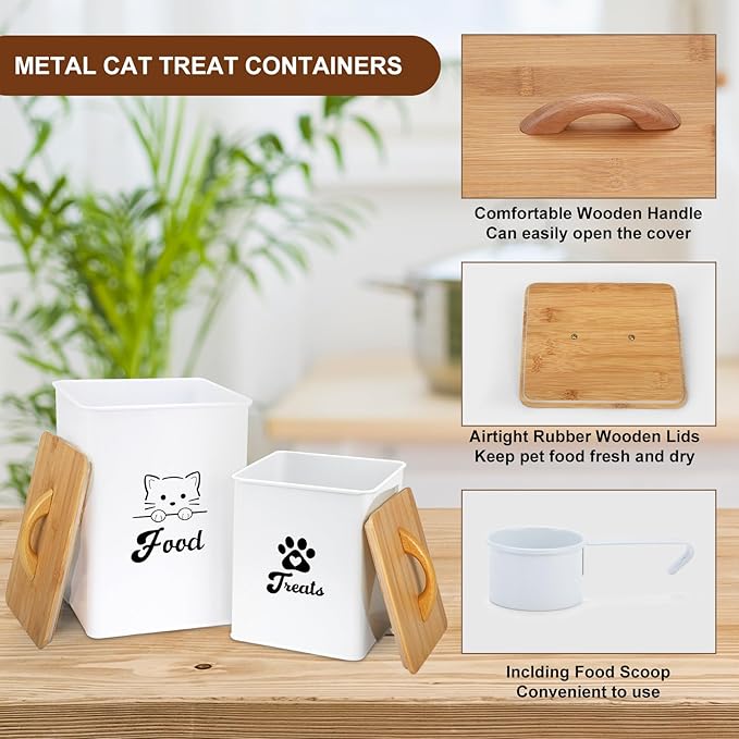 Cat Food Storage Container with Scoop, 2PCS Cat Food Storage Container with Lids Airtight, Cat Treat Jars for Kitchen Counter-7+3Lbs, Cat Cookie Jar for Storage, White