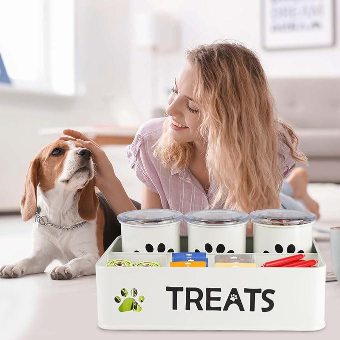 28oz Metal Dog Treat Container Set of 3,Dog Treat Jars with Airtight Lids,Cat Treat Jar,Dog Treat Canister for Countertop,Coated Galvanized Steel Dog Treats Station-White
