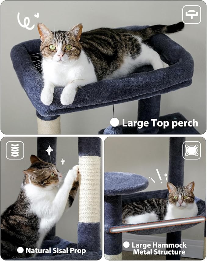 Cat Tree for Large Cats with Metal Plush Big Hammock, 56.3" Cat Tower for Indoor Cats with 2 Door Condo House, 6-Tier Cat Shelves with Scratching Posts and Large Top Perch, Dark Gray