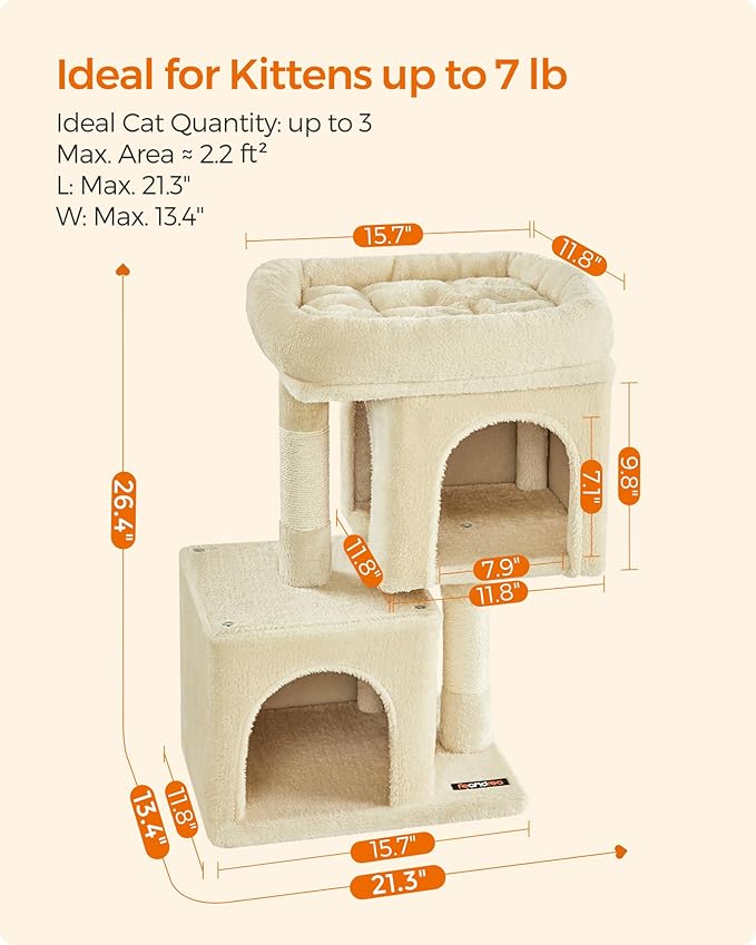 Feandrea Cat Tree, 26.4-Inch Cat Tower, S, Cat Condo for Kittens up to 7 lb, Large Cat Perch, 2 Cat Caves, Scratching Post, Beige UPCT611M01