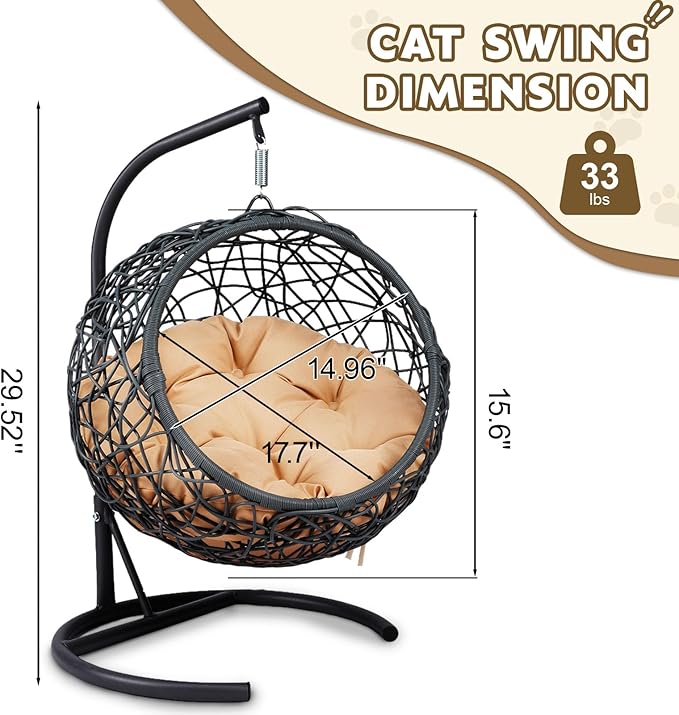 Cat Swing Bed with Stand & Cushion - Rattan Wicker Design, Indoor/Outdoor Hanging Hammock for Cats and Small Pets, Yellow