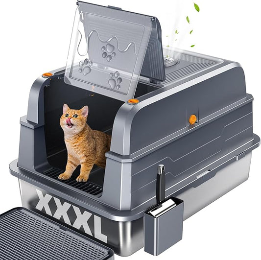 PetGenie® 2025 XXXL Stainless Steel Cat Litter Box (152L) - Leak-Proof for High Pee Cats, 180° Flip Top Lid & 3-in-1 Modes, Fits Maine Coon/Multi-Cat Homes w/Metal Scoop & Charcoal Filter