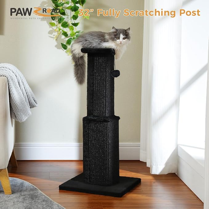 PAWZ Road Large Cat Scratching Post 32” Tall Black Scratching Post for Indoor Cats Adults Ultimate Scratch Post with Woven Sisal, Large Base and Removable Dangling Ball- Black