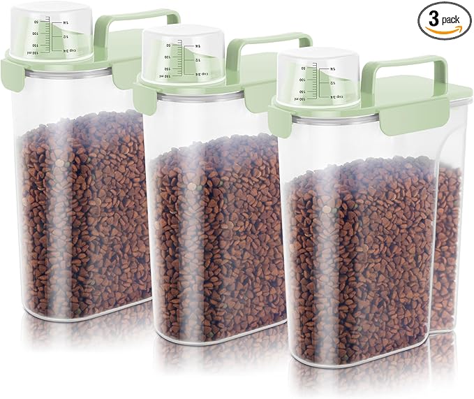 5-7Lbs Dog Cat Food Storage Container with Upgraded Large Nozzle BPA-free, 4 Snap Seals Plastic Pet Food Storage Containers with Handles (3, Light Green, 5L)