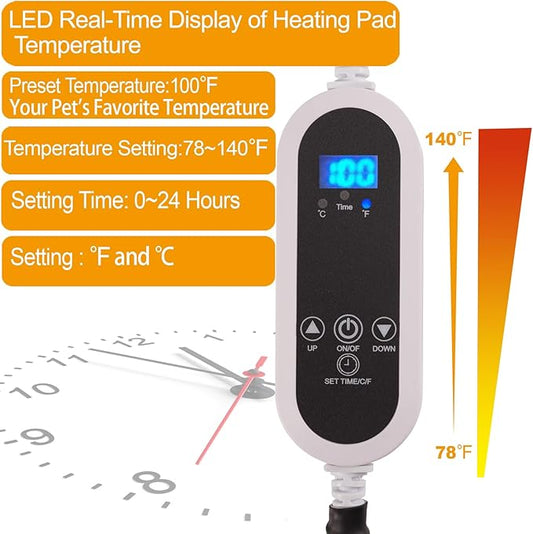 Pet Heating Pad,LED Real-Time Display of Heating Pad Temperature,Heaed Bed for Dogs Cats,Preset Temperature and time.with Includes Soft Washable Fleece Cover,17 "X 26"