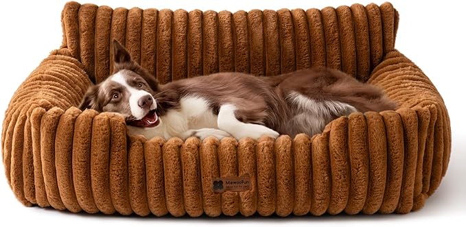 MEWOOFUN Dog Sofa Bed, Fluffy Dog Couch with Removable Washable Cover, Supportive Puppy Bed for Medium Sized up to 45 lbs (Brown, 36x28x12)