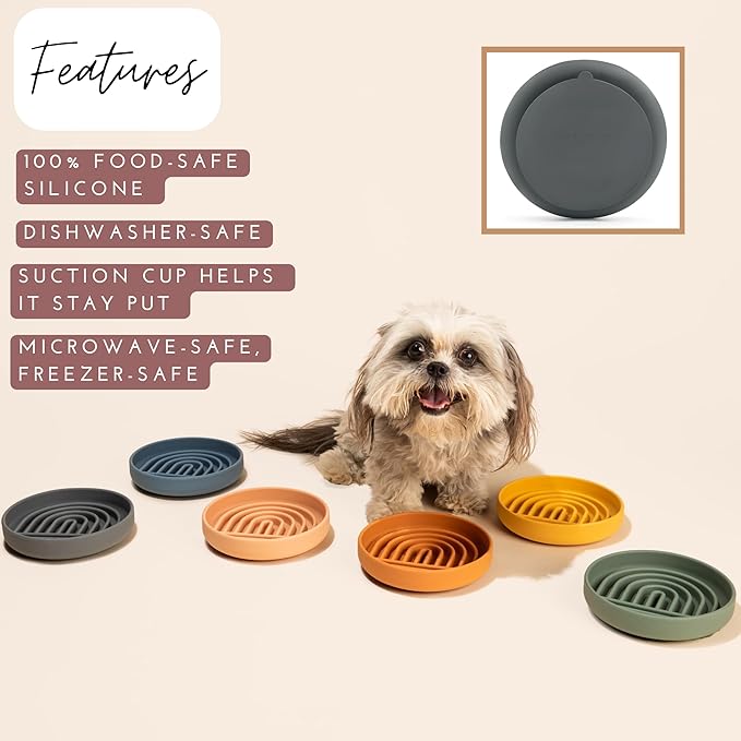 The Slowdown Bowl Silicone Slow Feeder for Cats & Dogs, Slow Eating Mealtime Solution with Modern Lick Mat Design, Reduces Gulping, Fits 1 Cup 6” Across x 1.25” Tall, Small-Charcoal