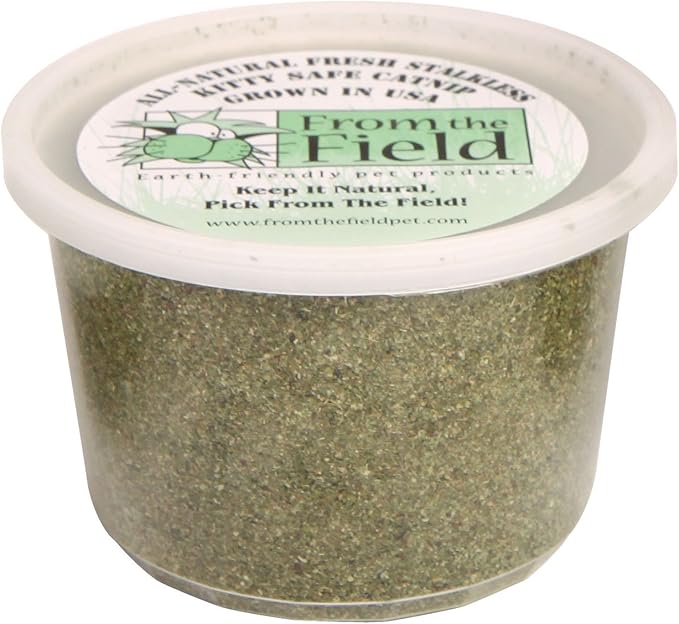 from The Field | Fine Ground Stalkless Catnip | Premium USA-Grown Catnip for Toys & Playtime | Fresh, Potent, Non-Toxic, Eco-Friendly | Safe for Kittens & Cats | Resealable 3.5 oz Tub