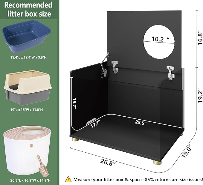 Top Entry Litter Box Enclosure, Modern Flip Top Litter Box Furniture with Cat Scratch Mat, Side Table (Black)