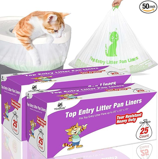 Cat Litter Box Liners Compatible with Top Entry Litter Pans Model, Heavy Duty Tear Resistant Large Litter Pan Liners 50 Count Drawstring Litter Liner Bags