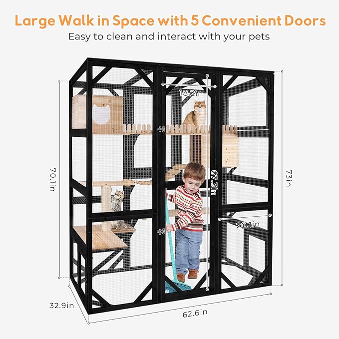 Catio Enclosure Outdoor Wooden Cat House for Multiple Cats Walk in Cage Window Access with Sunlight Friendly Weather-Proof PVC Roof