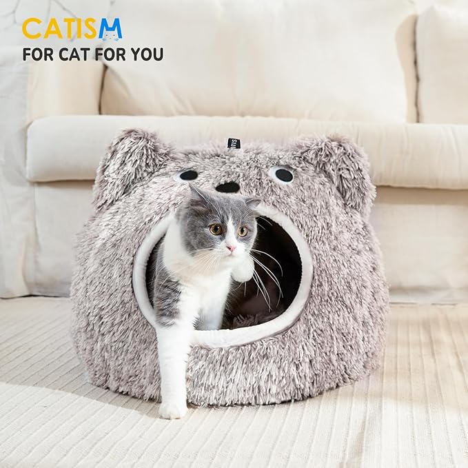 CATISM Cat Bed - Cat Beds for Indoor Cats, Soft Plush Cats Cave, Washable Cave with Toy Balls for Kitty and Small Animals