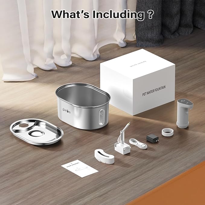 Cat Water Fountain Wireless Cordless with 4 Filters, Stainless Steel Pet Water Fountain with Auto Shut Off Pump, Battery Operated Cat Fountain Rechargeable Water Fountains for Cats Dogs - 3.2L/108oz