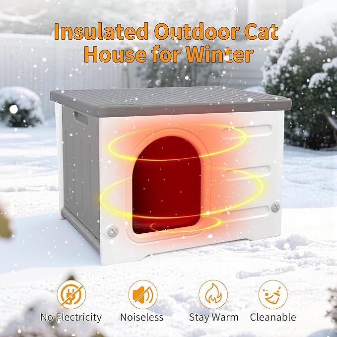 Plastic 100% Insulated Outdoor Cat House with Insulated Liner, Outdoor Cat Houses for Winter, Waterproof Outside Cat Shelter, Clean and Assemble Easily-Grey