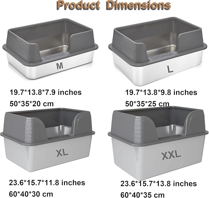 Enclosed Stainless Steel Cat Litter Box with Lid Medium Litter Box for Kitten Metal Litter Pan Tray with High Sides Scoop & Litter Mat Inside, Non-Sticky, Anti Leakage, Easy Cleaning (Gray, M)