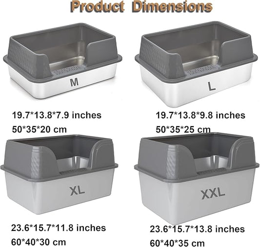 Enclosed Stainless Steel Cat Litter Box with Lid Large Litter Box for Cats Metal Litter Pan Tray with High Sides Scoop & Litter Mat Inside, Non-Sticky Anti Leakage Easy Cleaning (Grey, L)