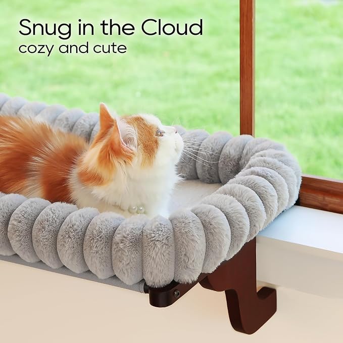 SnugCloud Cat Window Perch with 4-Sided Bolster - Orthopedic Cat Hammock for Window Sill - Solid Hardwood & Metal Frame - Window Seat for Pets (Dark Stained Wood w/Gray Bed, Large)