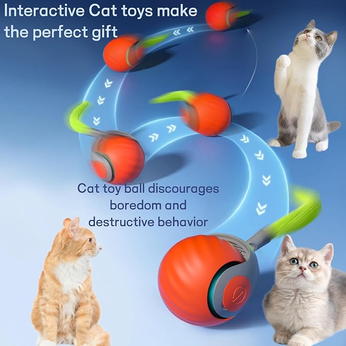 2025 Upgraded Self-Moving Cat Toy Ball with Tail (2-Pack) - Rechargeable Smart Interactive Kitten Toys, 2-Speed Modes, Bite-Resistant Indoor Exercise Toys for Bored Cats (Blue&Orange)